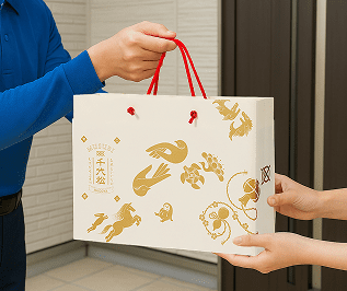 配達員がお煎餅のギフトを渡している